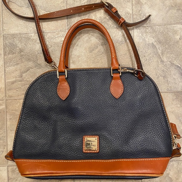Dooney & Bourke Handbags - Dooney & Bourke Pebble Grain Domed Zip Satchel Bag navy Tan Leather mint condi